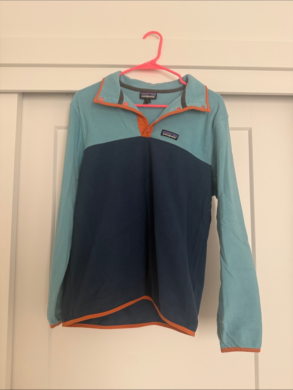 Patagonia Kids Aqua & Navy Fleece Pullover with Orange Trim